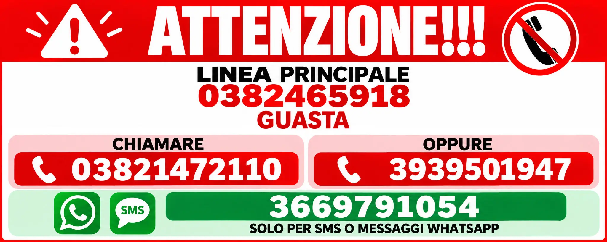 Avviso linea telefonica principale guasta - Numeri alternativi di contatto